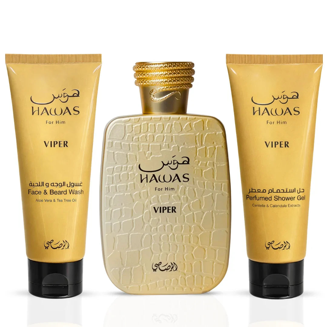 Hawas Viper 3-piece perfume gift set by Rasasi featuring elegant bottles and packaging for men.
