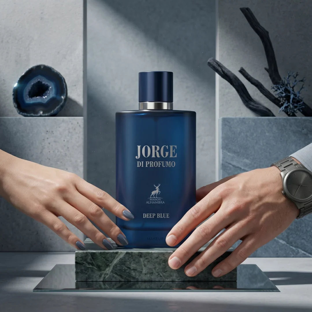 Maison Alhambra Jorge Di Profumo Deep Blue Eau de Parfum spray 100ml, showcasing the sleek fragrance bottle with deep blue accents.