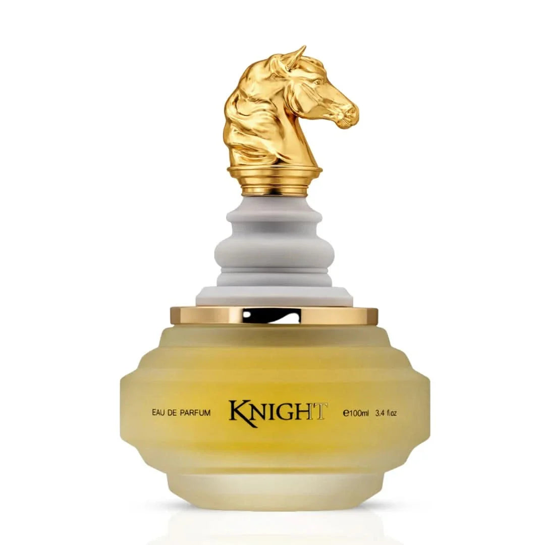 Checkmate White Knight Eau De Parfum spray by Armaf, 100ml, featuring a sleek white bottle with elegant design.