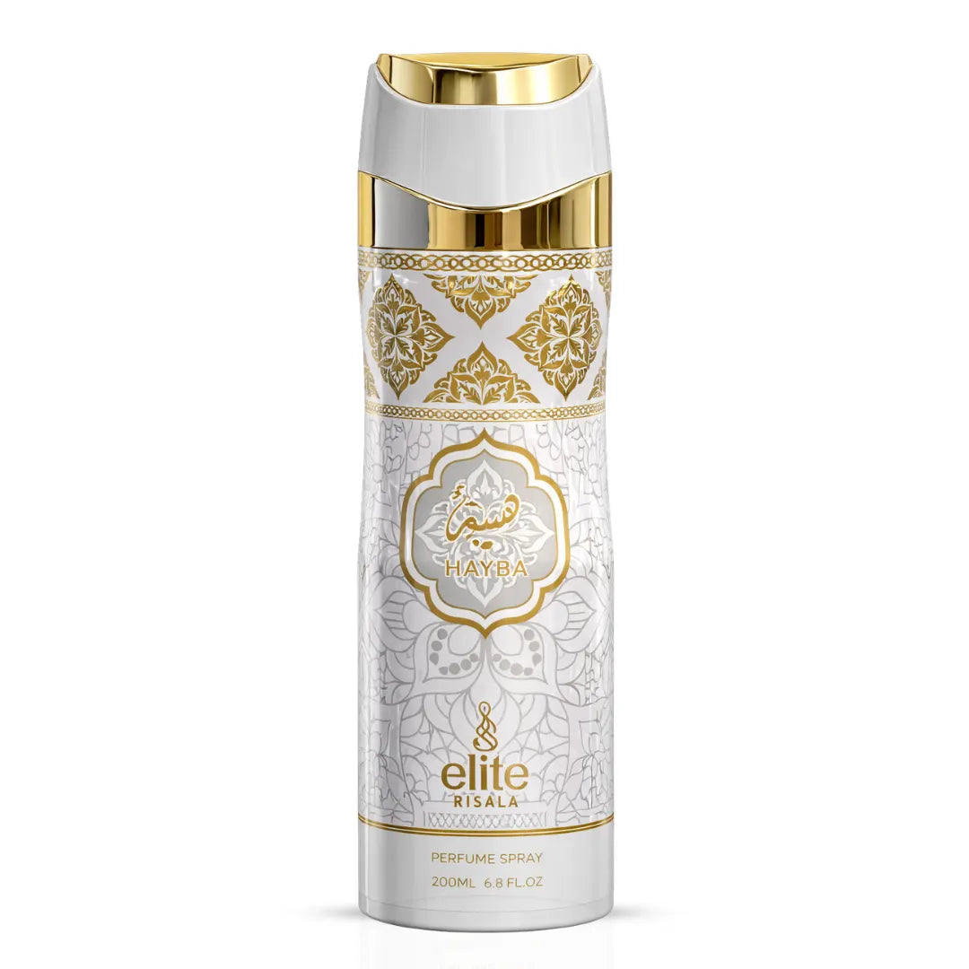 Elite Risala Hayba Body Spray 200ml deodorant bottle with sleek design and spray nozzle, showcasing the product on a neutral background.