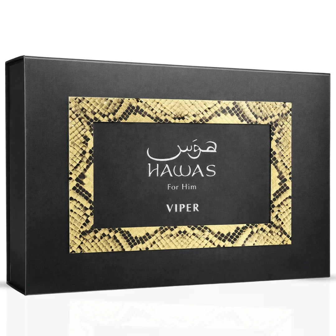 Hawas Viper 3-piece perfume gift set by Rasasi with three bottles of aromatic fragrances in elegant packaging