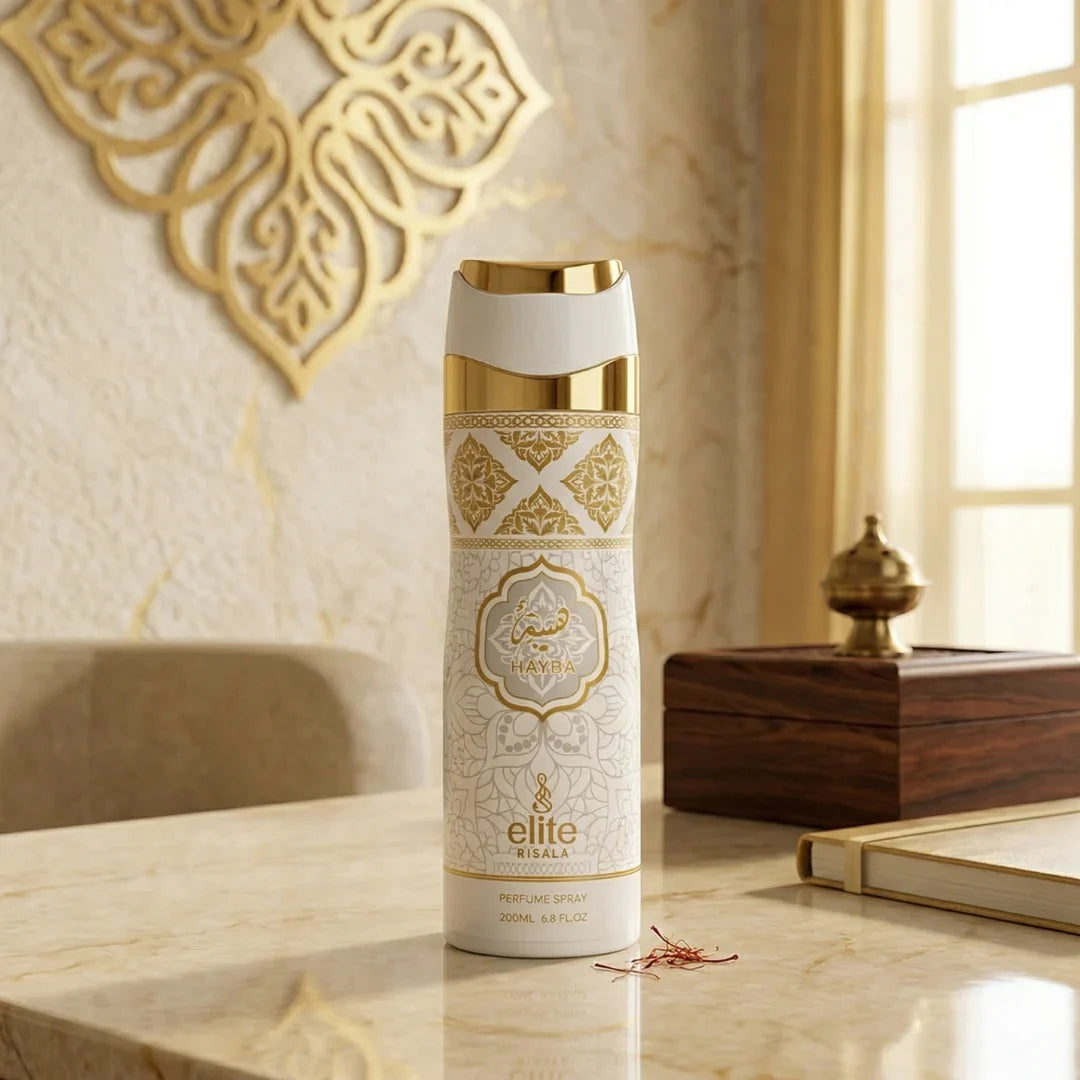 Elite Risala Hayba Body Spray 200ml deodorant bottle, featuring sleek design and spray nozzle, for fresh, long-lasting scent.