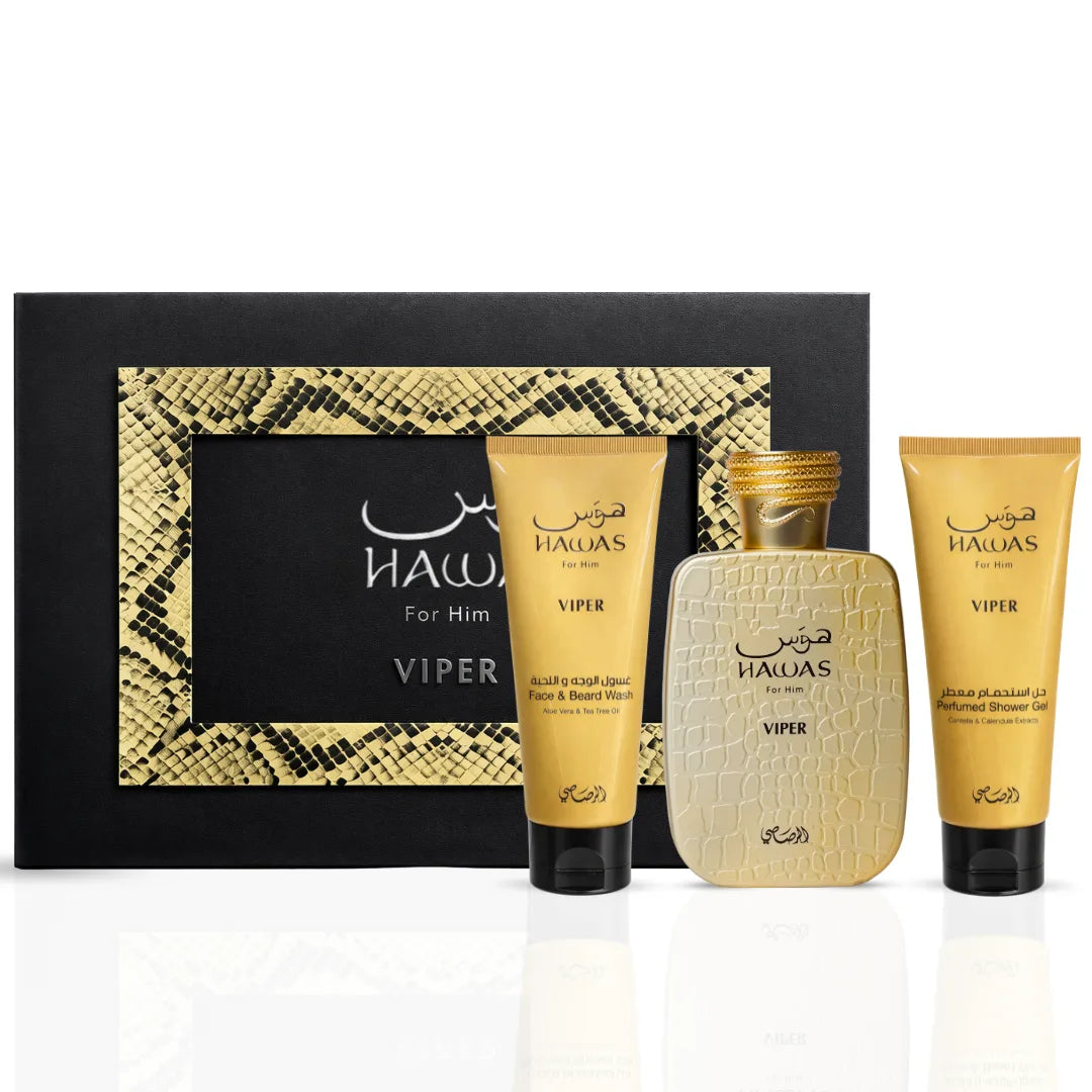 Rasasi Hawas Viper 3-piece perfume gift set with bottles featuring sleek packaging and elegant caps, perfect for gifting or personal use.