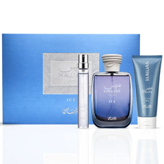 Rasasi Hawas Ice 3-piece perfume gift set with bottles of aromatic fragrances in elegant packaging.