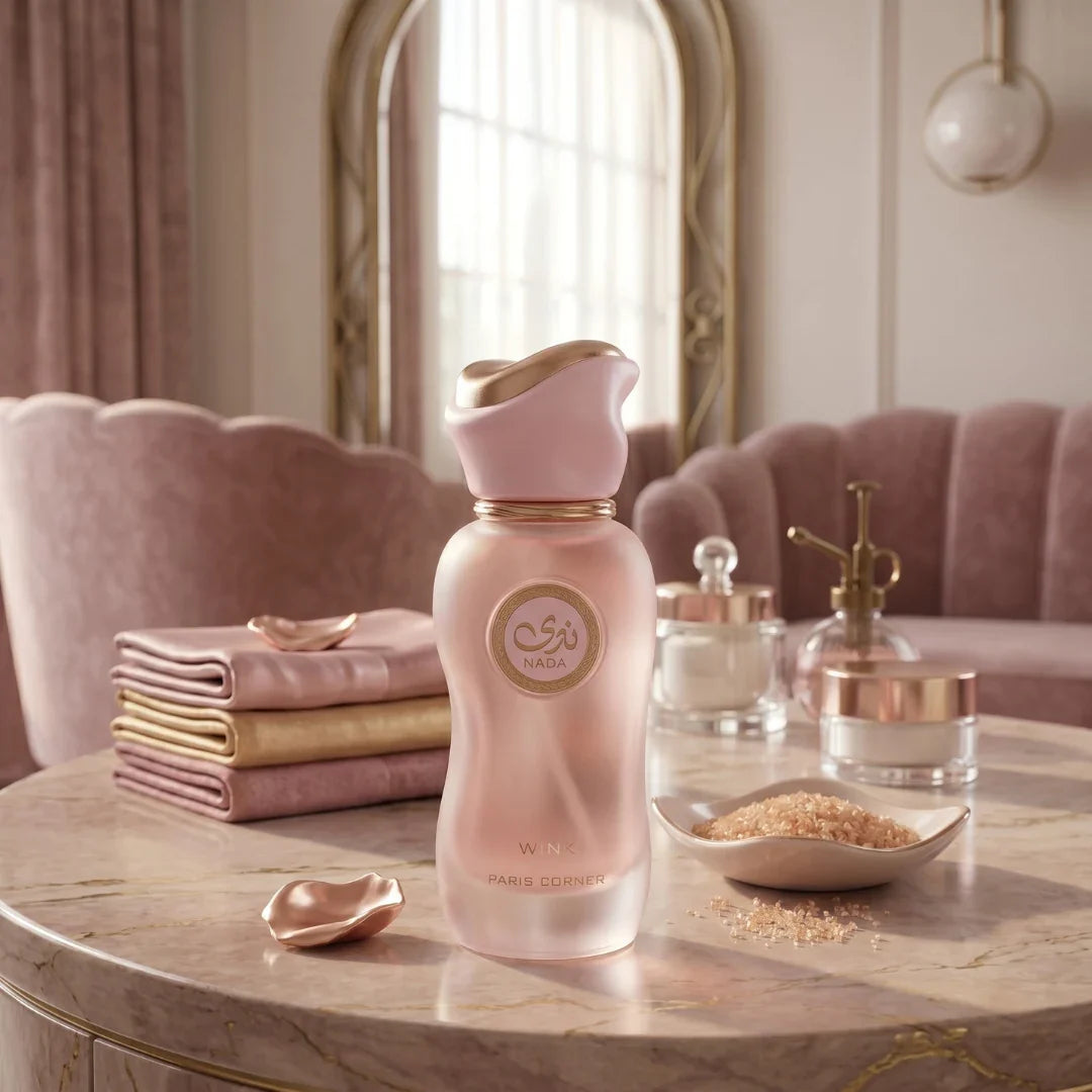 Nada Wink Eau De Parfum spray by Paris Corner, 100ml bottle, elegant glass container with a sleek design.