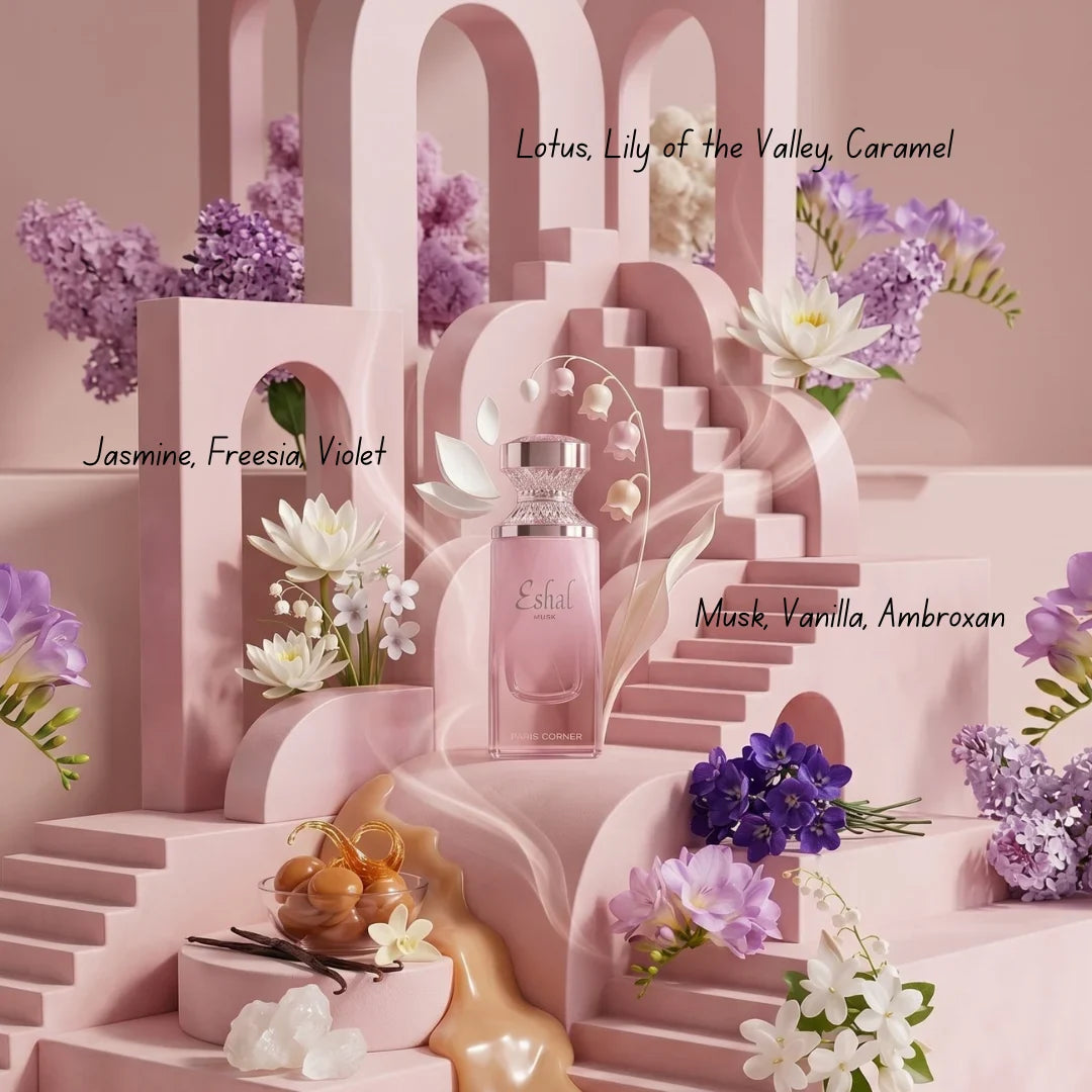 Eshal Musk Eau De Parfum spray by Paris Corner, 100ml bottle, with elegant packaging and a soft, musky scent.