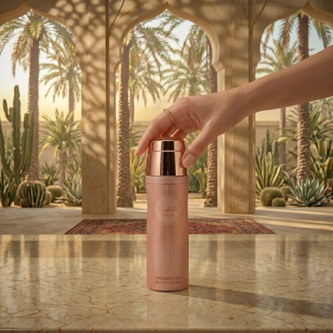 Lattafa Haya Body Spray 200ml deodorant bottle with a sleek design, ideal for freshening up throughout the day.