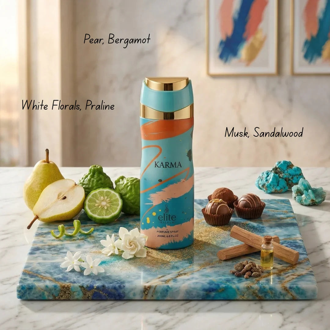 Elite Risala Karma Body Spray 200ml deodorant bottle with sleek design, designed for fresh, long-lasting scent.