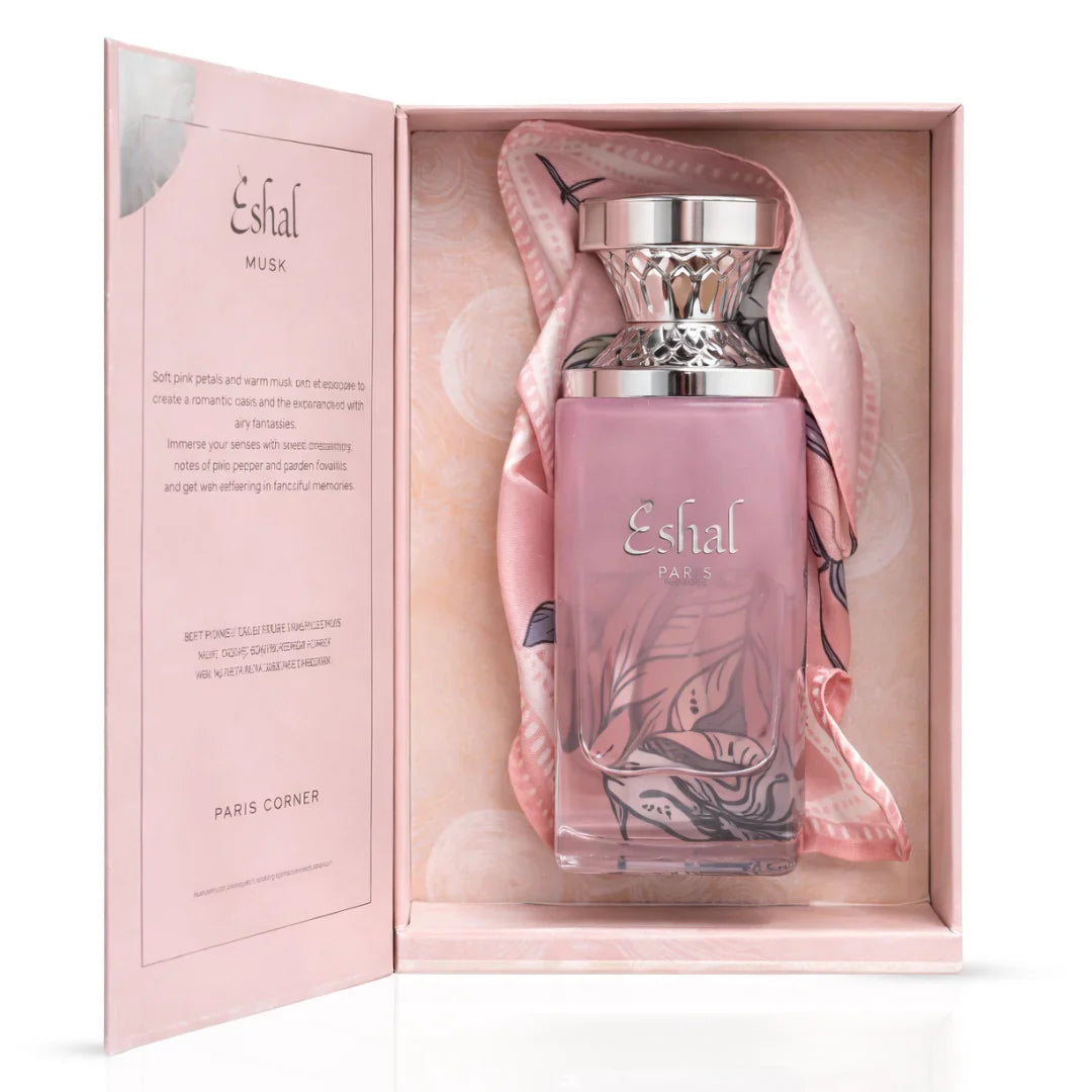 Eshal Musk Eau De Parfum spray by Paris Corner, 100ml bottle, featuring elegant packaging with a sleek design.