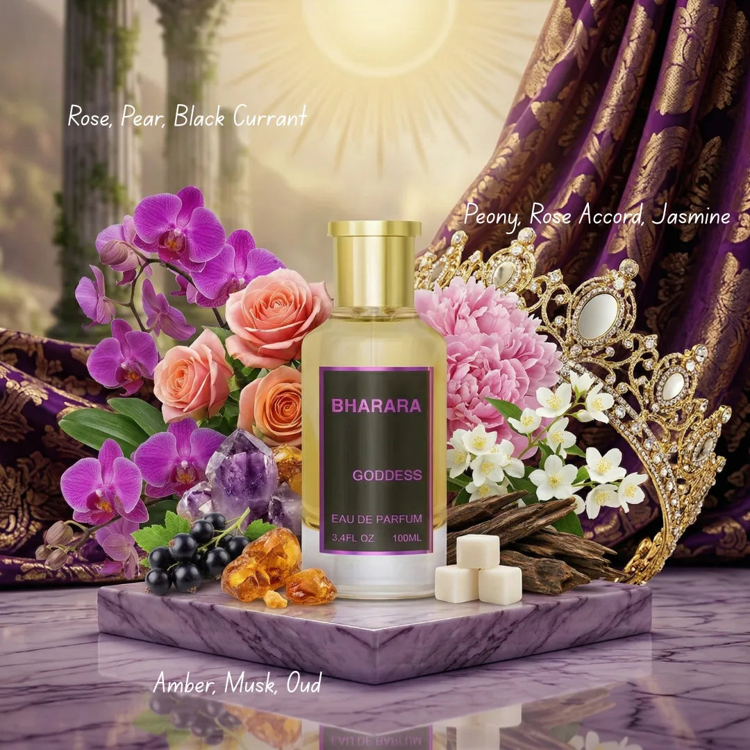 Bharara Goddess Eau de Parfum spray 100ml bottle, elegant packaging with floral and oriental fragrance notes.