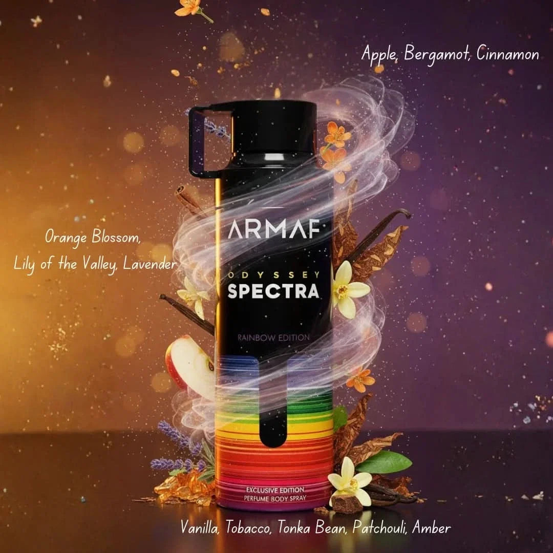 Odyssey Spectra deodorant spray by Armaf, 200ml bottle, featuring sleek design and spray nozzle for freshening up.