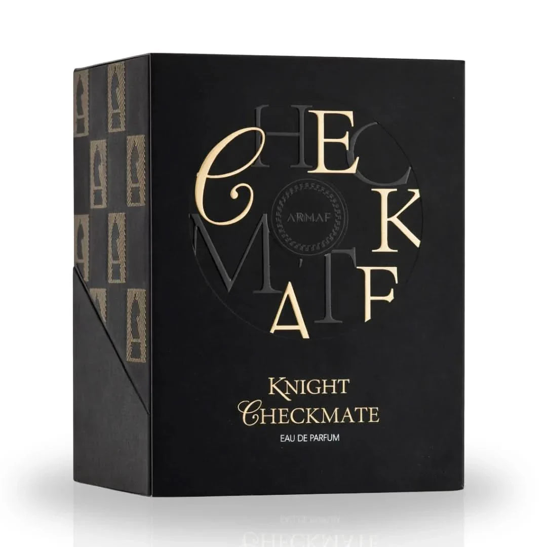 Checkmate Black Knight Eau De Parfum spray by Armaf, 100ml, featuring a sleek black bottle and elegant design.
