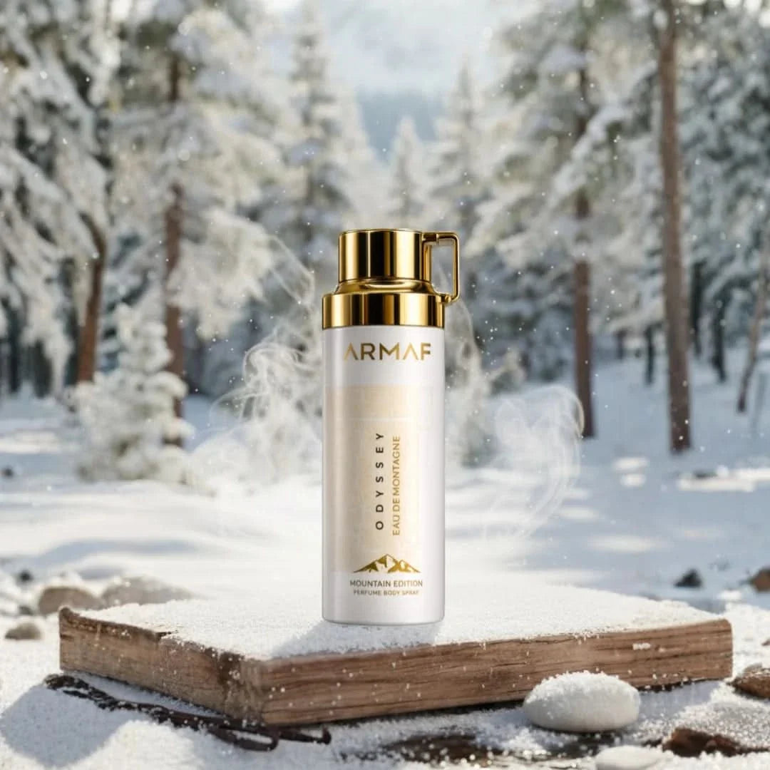 Armaf Odyssey Eau de Montagne perfumed body spray 200ml, featuring a sleek spray bottle with mountain-inspired design.