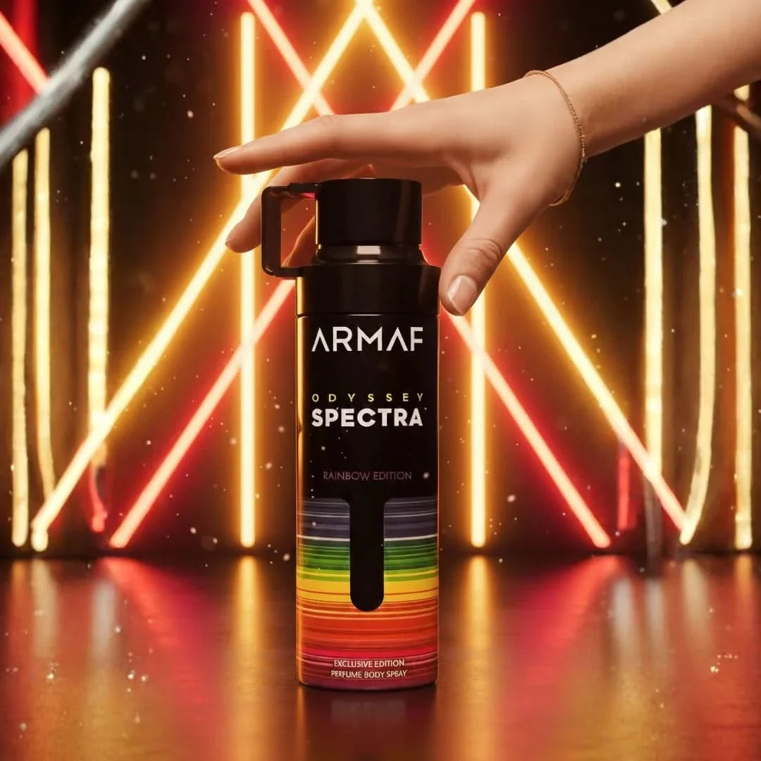 Odyssey Spectra deodorant spray by Armaf in 200ml bottle, featuring sleek design and fresh scent, displayed in the image.
