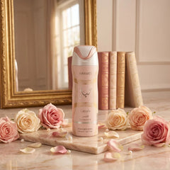 Lattafa Hayaati Florence deodorant spray 200ml bottle with floral and fresh scent, shown in a sleek design.