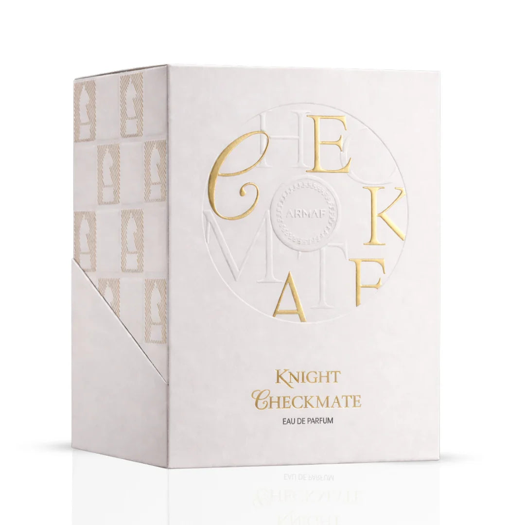 Checkmate White Knight Eau De Parfum spray by Armaf, 100ml, featuring a sleek bottle design and elegant white accents.