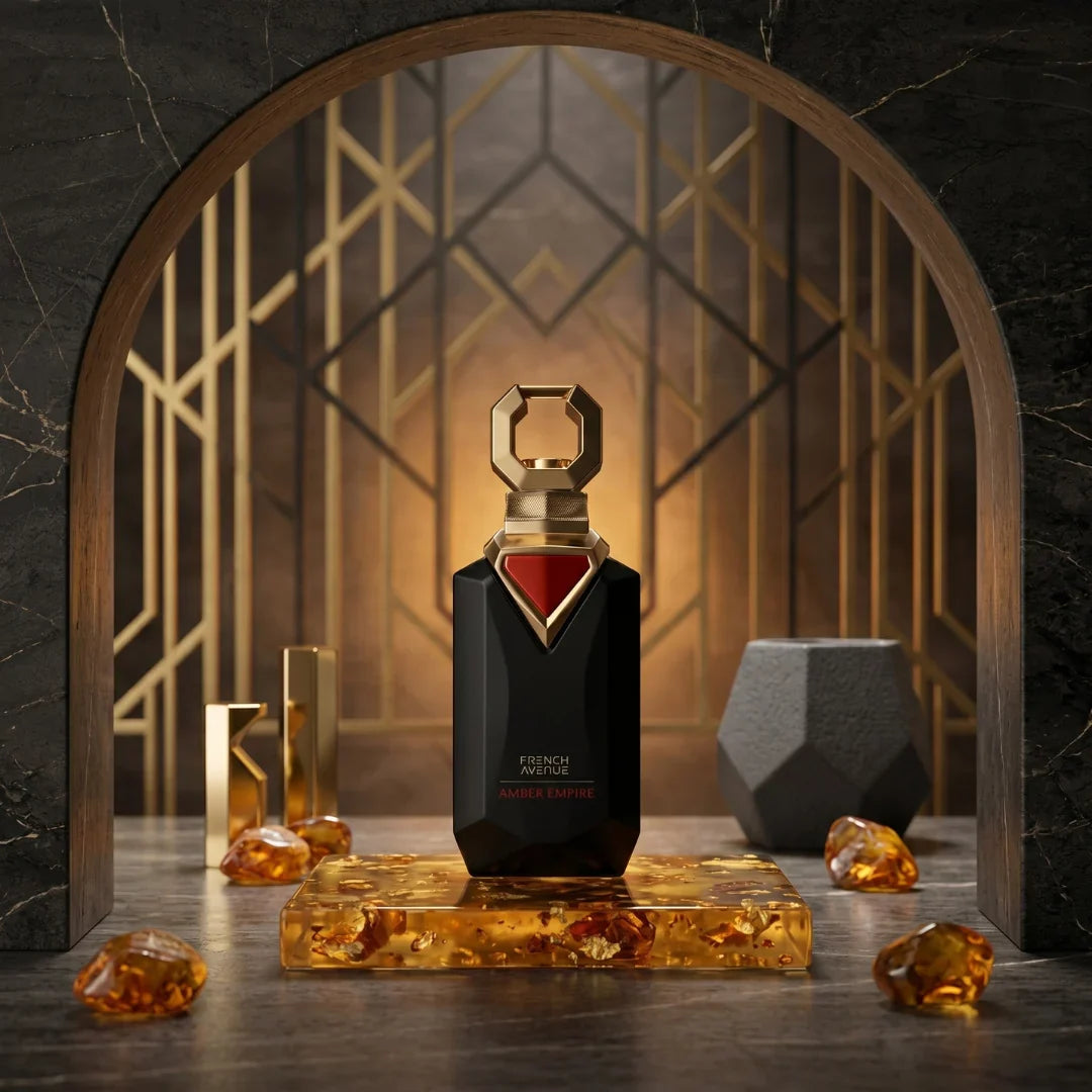 French Avenue Amber Empire Eau de Parfum spray 100ml bottle, elegant glass packaging with amber-colored liquid.