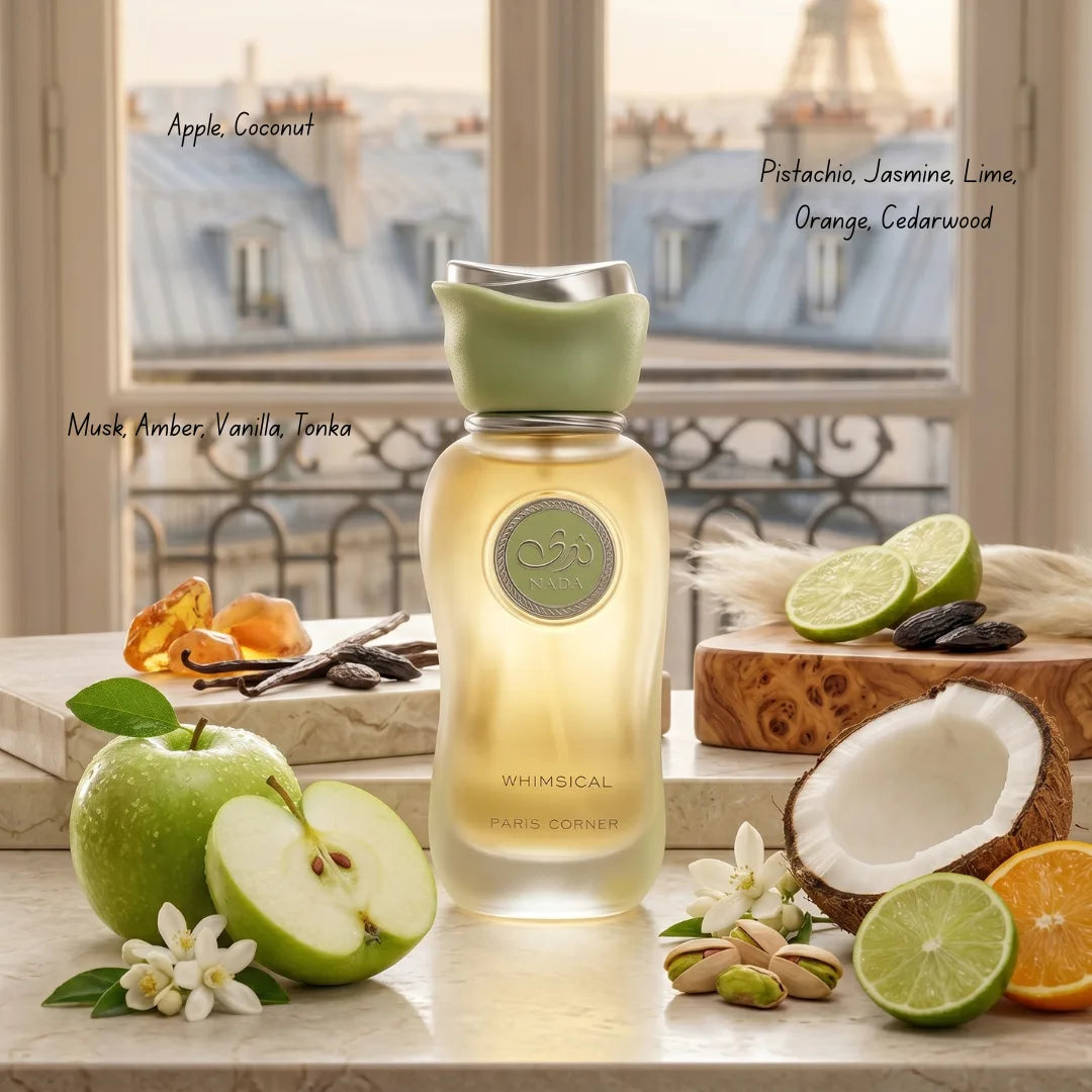 Nada Whimsical Eau De Parfum spray by Paris Corner, 100ml bottle, elegant glass container with floral design.