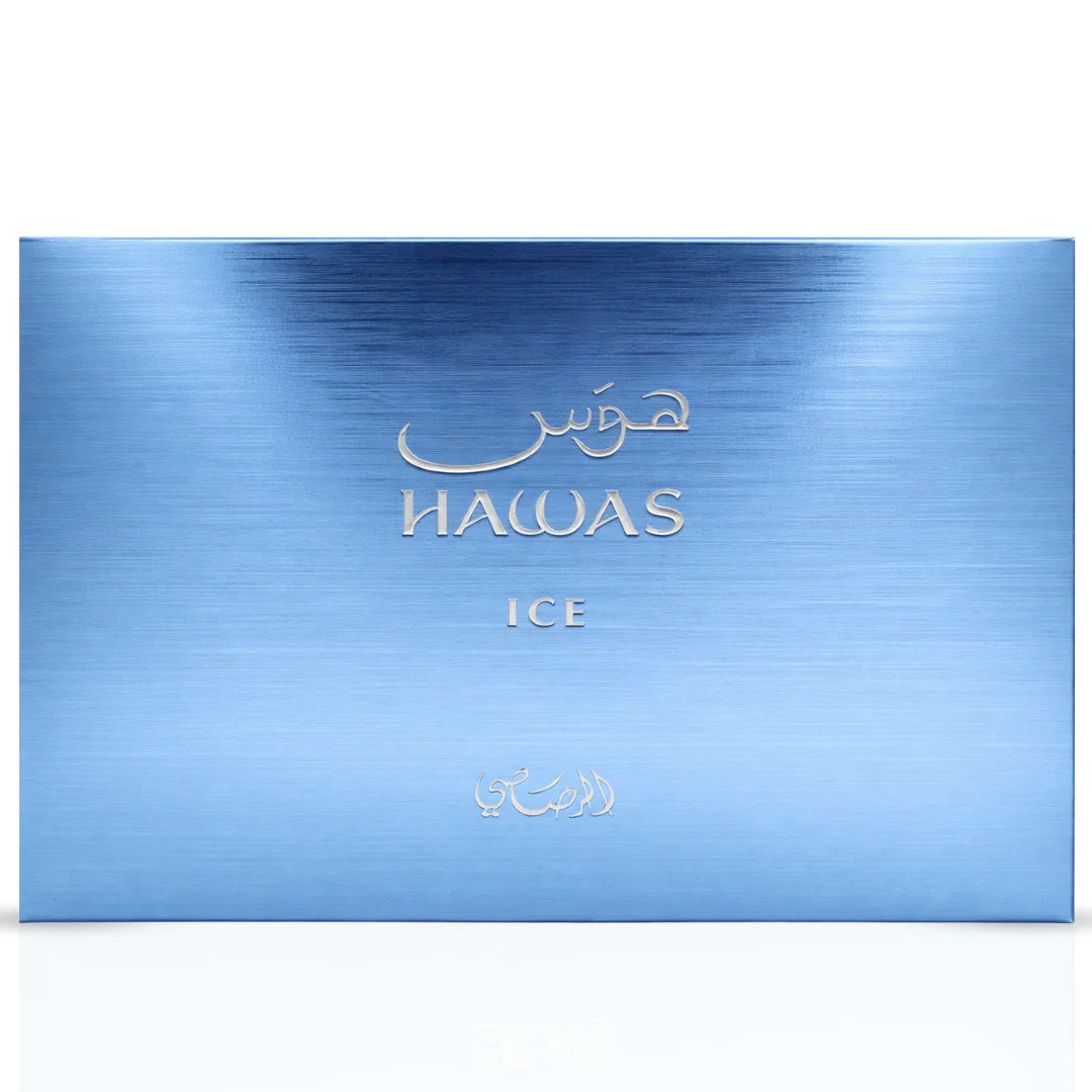 Hawas Ice 3-piece perfume gift set by Rasasi featuring three elegant bottles with sleek designs and vibrant colors.