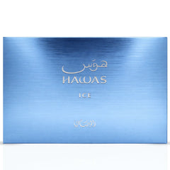 Hawas Ice 3-piece perfume gift set by Rasasi featuring three elegant bottles with sleek designs and vibrant colors.