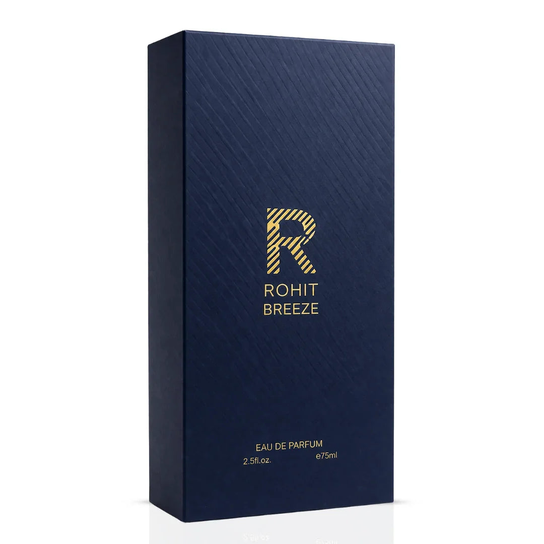 Rohit Breeze Eau de Parfum spray by Bharara, 75ml bottle with elegant design, showcasing the fragrance's sleek packaging.