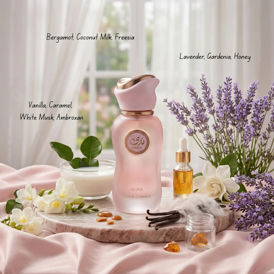 Nada Wink Eau De Parfum Spray by Paris Corner, 100ml bottle, elegant glass container with a sleek design.
