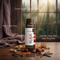 Odyssey Black Forest perfumed body spray by Armaf, 200ml deodorant bottle with black and gold label, sleek design.