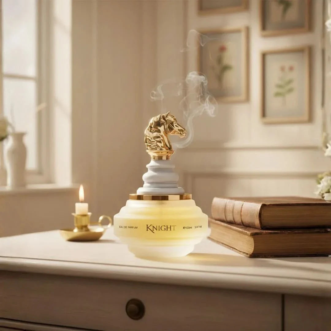 Checkmate White Knight Eau De Parfum spray by Armaf, 100ml bottle, featuring a sleek white design and elegant packaging.