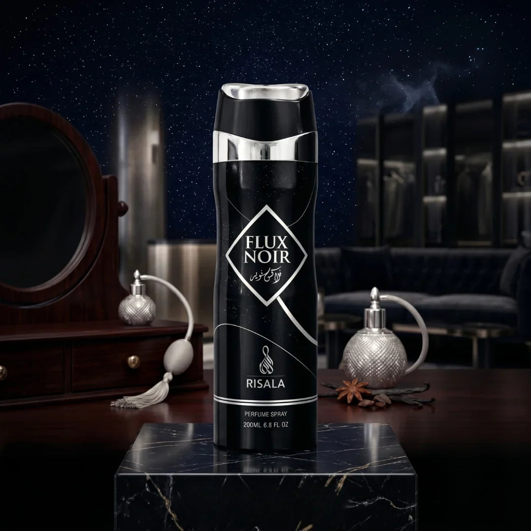 Flux Noir body spray by Elite Risala in a 200ml spray bottle, featuring sleek black packaging with a modern design.