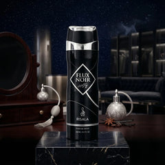 Flux Noir body spray by Elite Risala in a 200ml spray bottle, featuring sleek black packaging with a modern design.