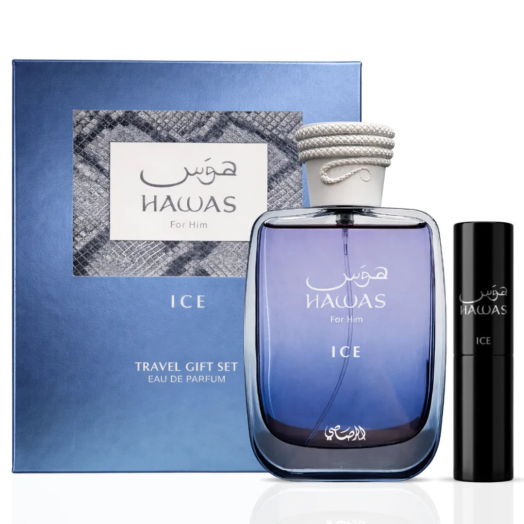 Rasasi Hawas Ice 2-piece perfume travel gift set featuring sleek bottles and elegant packaging.