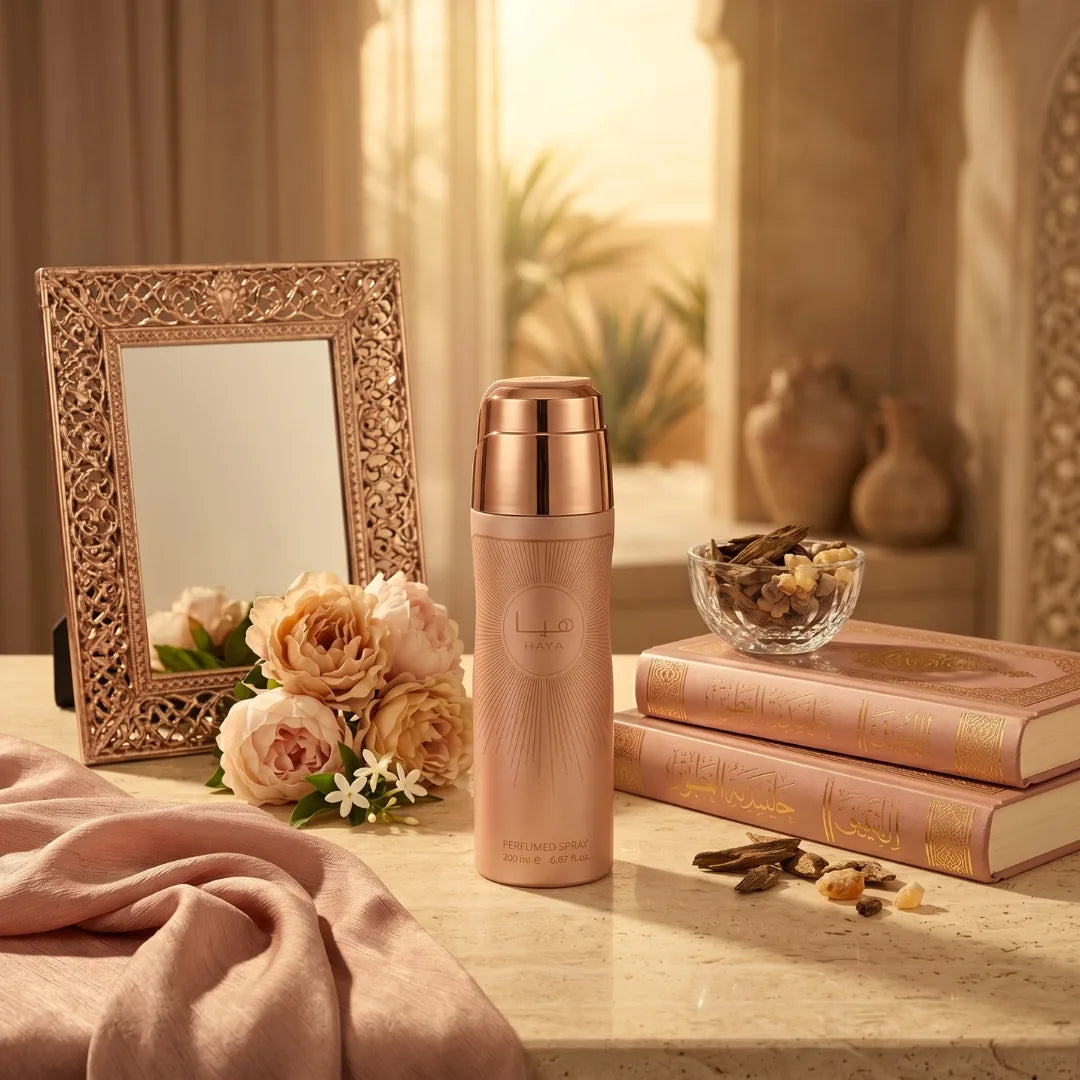Lattafa Haya Body Spray 200ml deodorant bottle with a sleek design, showcasing the fresh, floral scent.