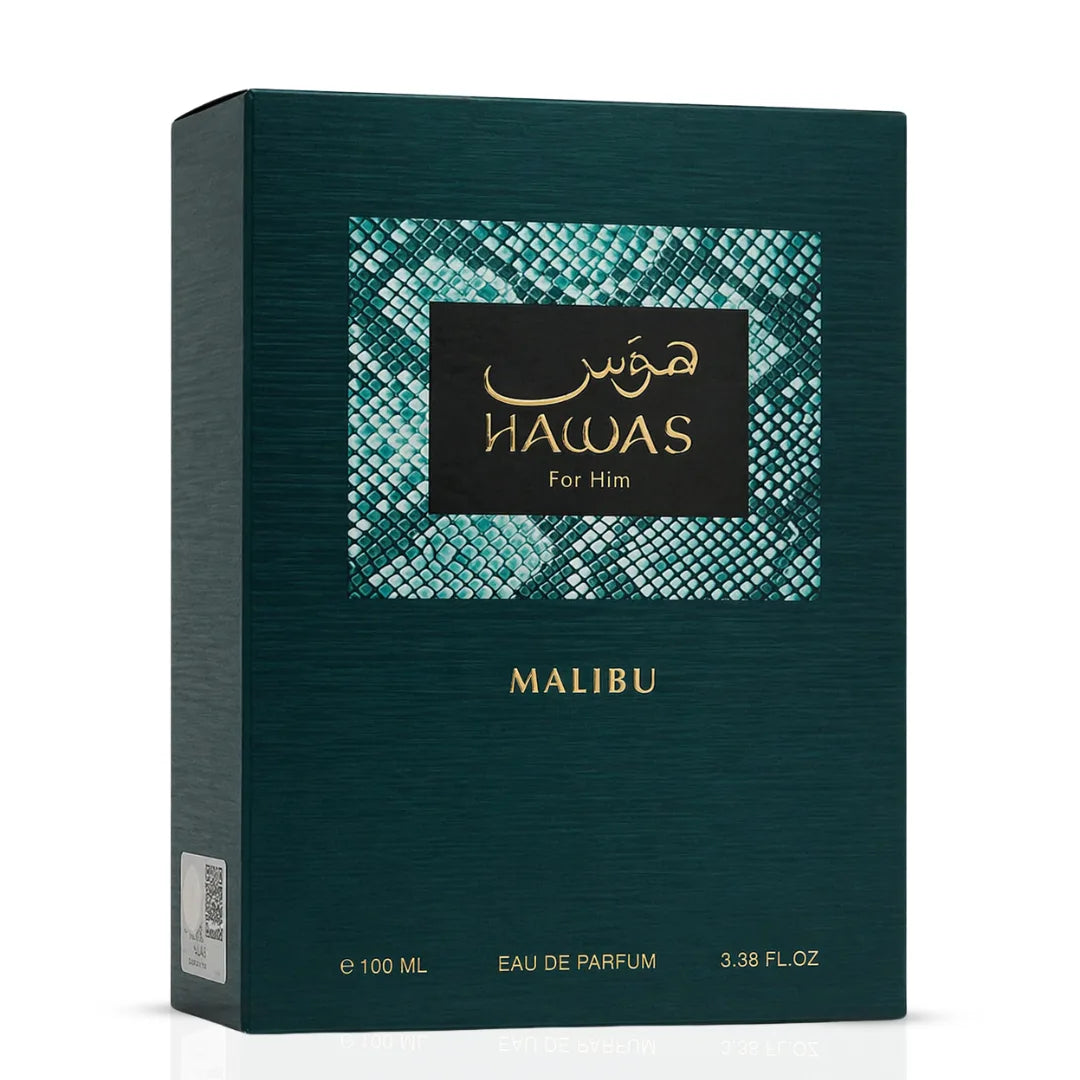 Hawas Malibu Eau de Parfum spray by Rasasi, 100ml, with a sleek bottle design and elegant fragrance cap.