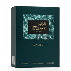 Hawas Malibu Eau de Parfum spray by Rasasi, 100ml, with a sleek bottle design and elegant fragrance cap.