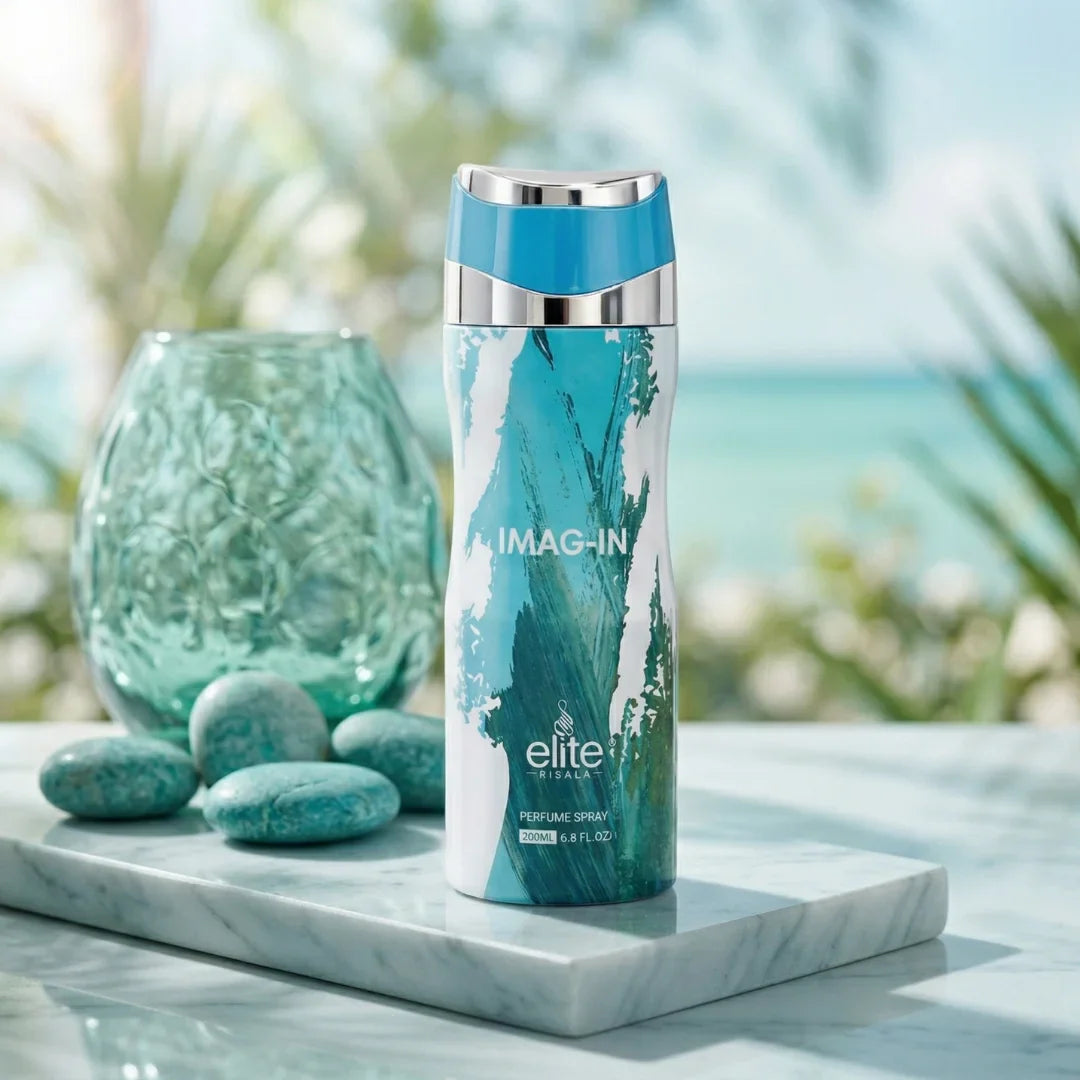 Elite Risala Imag-In Body Spray 200ml deodorant bottle with sleek design and spray nozzle, displayed on a neutral background.