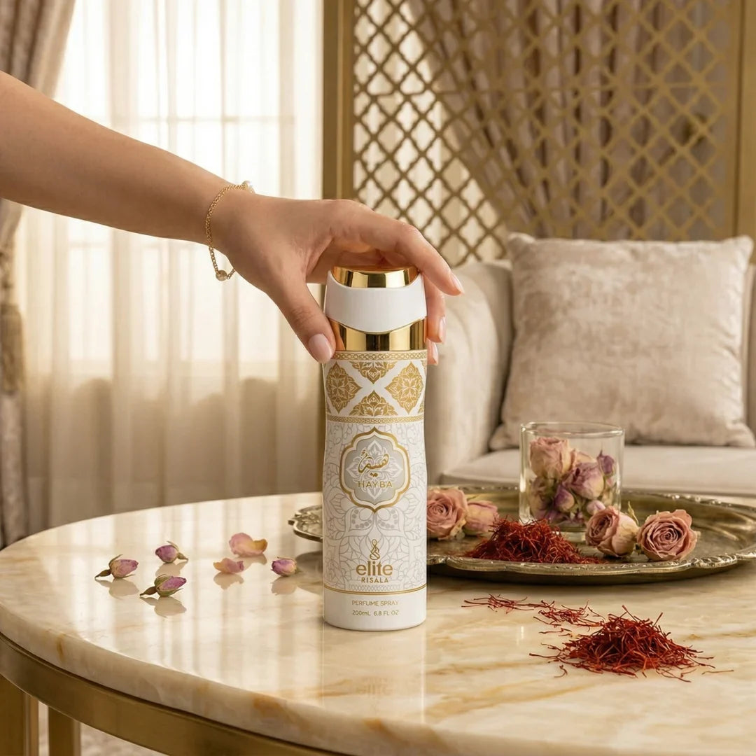 Hayba Body Spray by Elite Risala, 200ml deodorant bottle with a sleek design and spray nozzle for freshening up.
