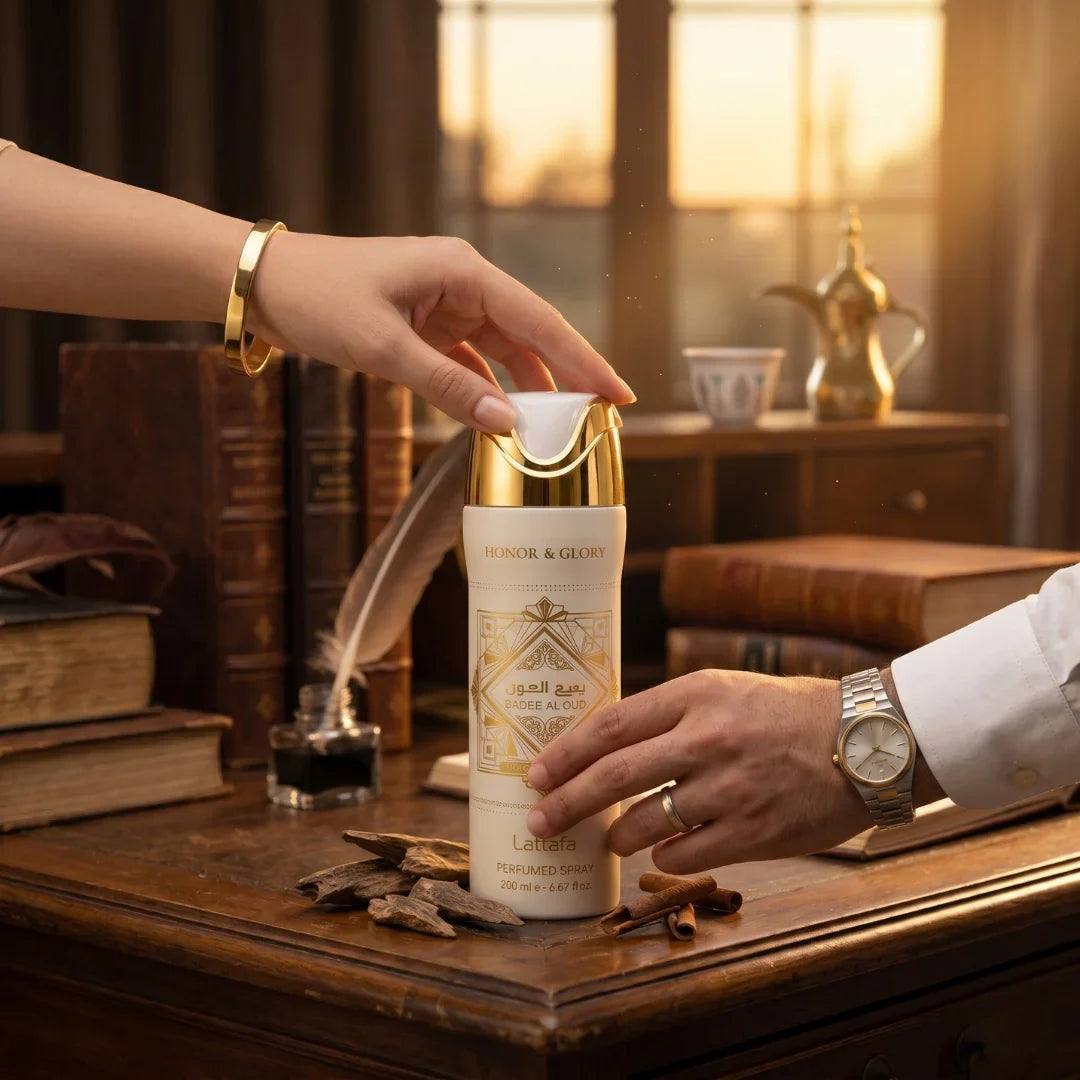 Lattafa Bade’e Al Oud Honor & Glory deodorant 300ml spray bottle, elegant design and branding visible.