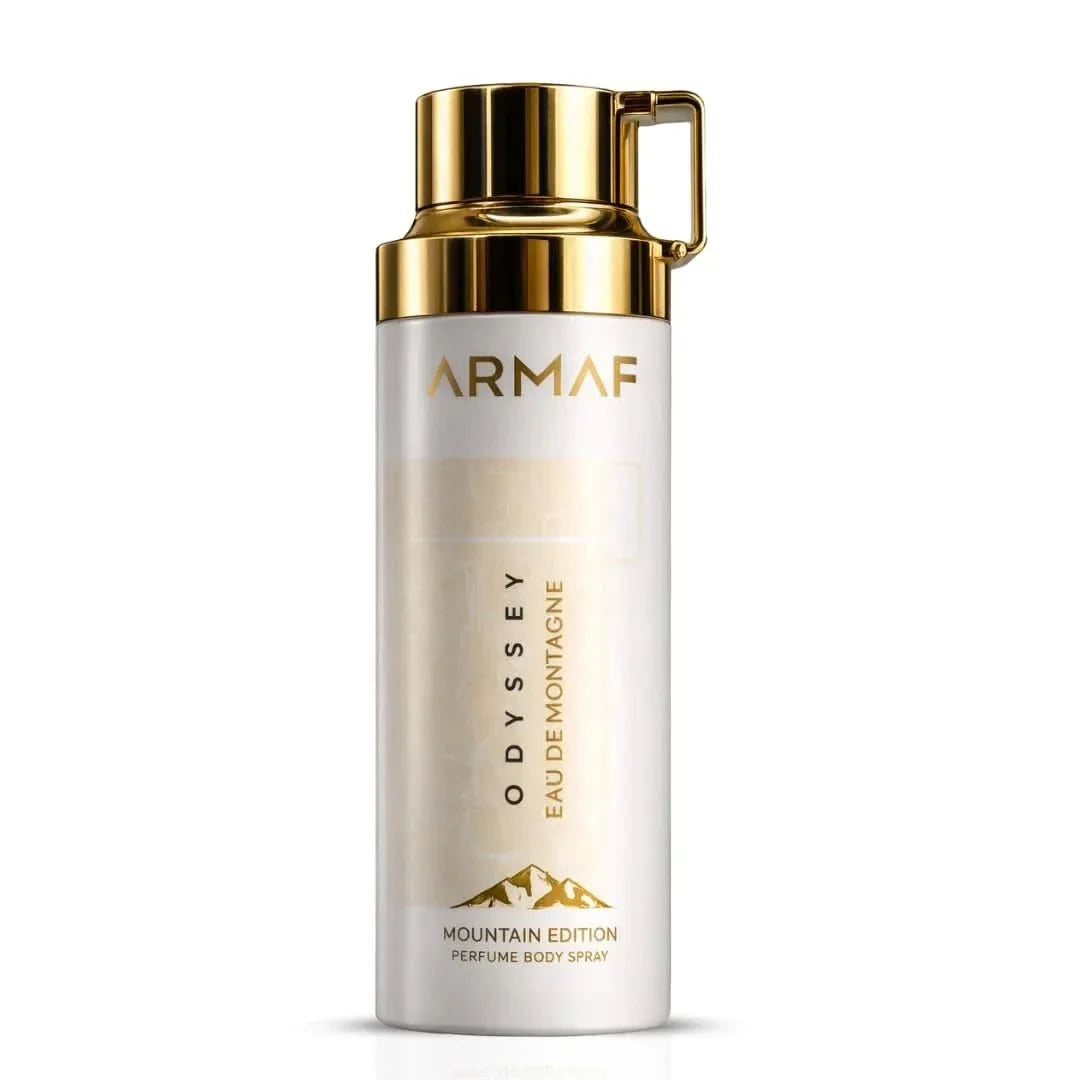 Armaf Odyssey Eau de Montagne perfumed body spray 200ml, deodorant with mountain-inspired fragrance, bottle with blue accents.