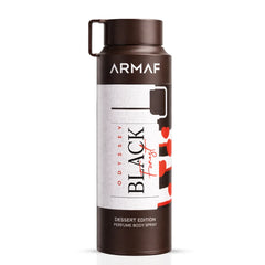 Odyssey Black Forest perfume body spray by Armaf, 200ml deodorant with dark, woody scent, shown in a sleek black bottle.