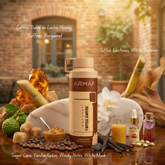 Odyssey Toffee Coffee perfumed body spray by Armaf, 200ml deodorant bottle with a sleek design and aromatic scent.