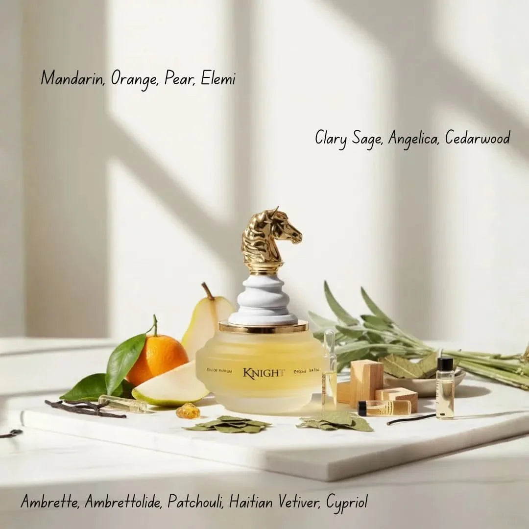 Checkmate White Knight Eau De Parfum spray by Armaf, 100ml bottle, featuring sleek packaging and elegant fragrance design.