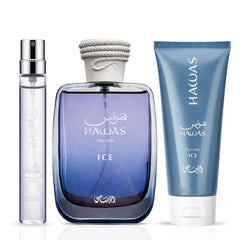 Rasasi Hawas Ice 3-piece perfume gift set with bottles of men's fragrances in elegant packaging displayed on a white background