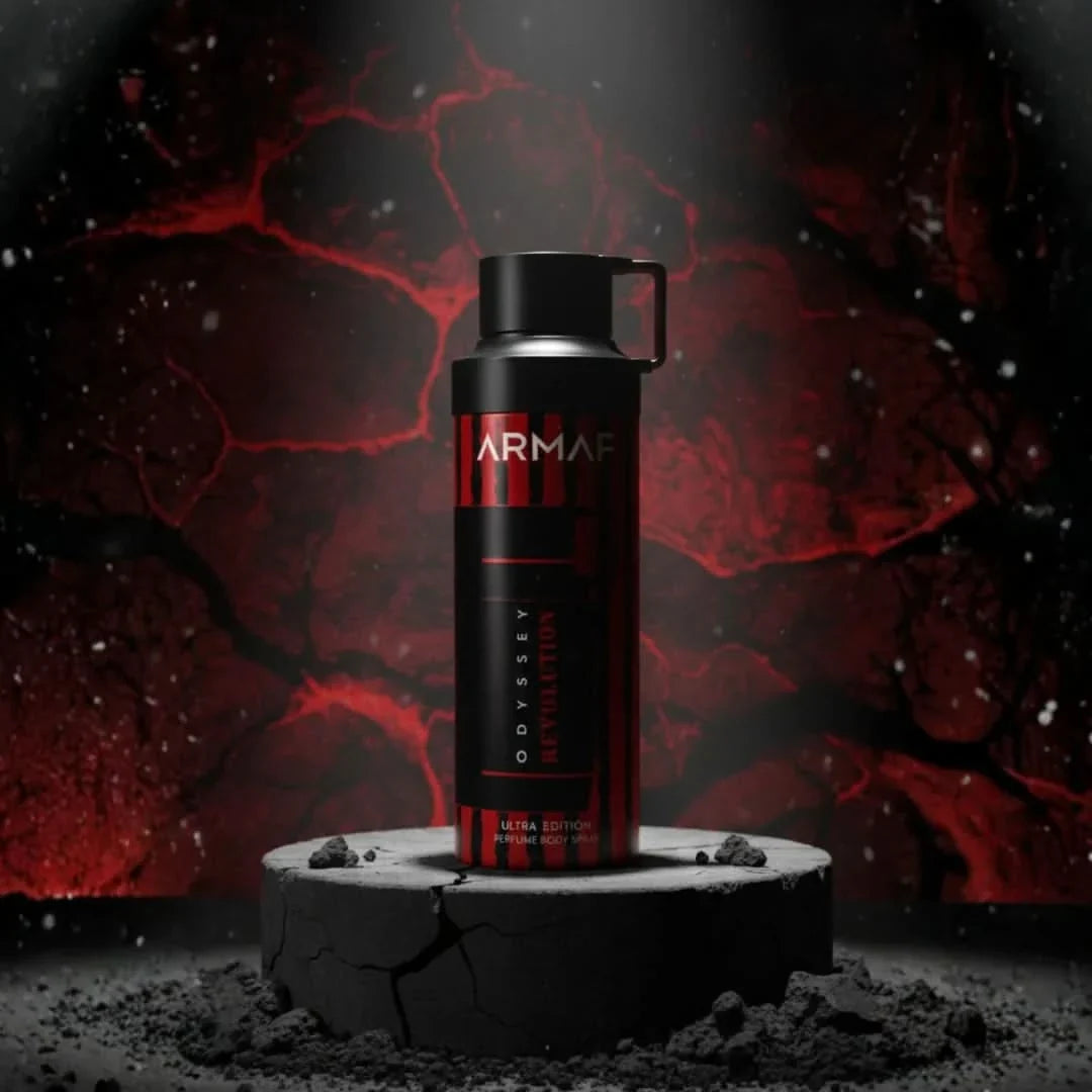 Odyssey Revolution Ultra Perfumed Body Spray by Armaf, 200ml deodorant bottle with sleek design and aromatic fragrance.