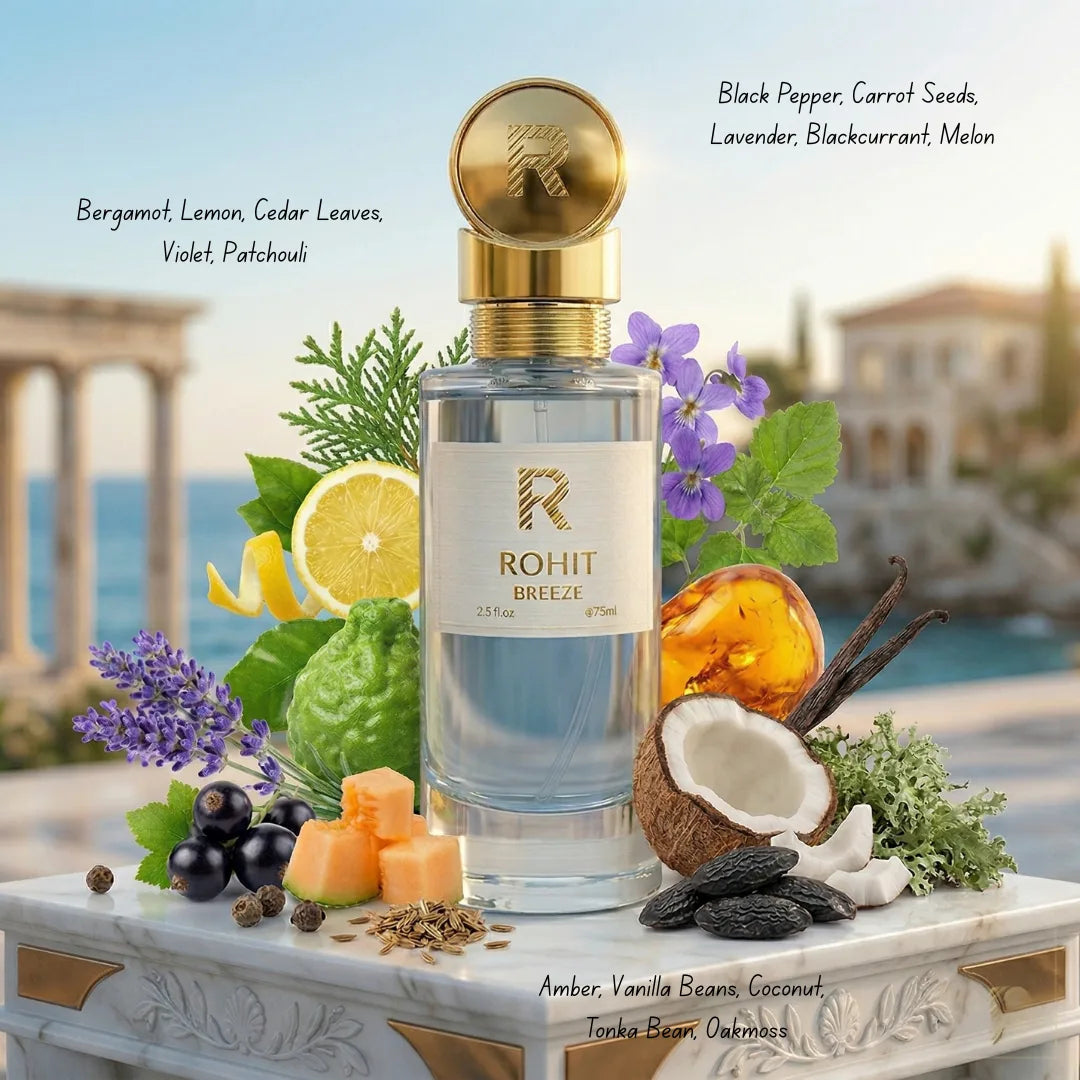 Bharara Rohit Breeze Eau de Parfum spray 75ml bottle with elegant packaging and floral fragrance design.