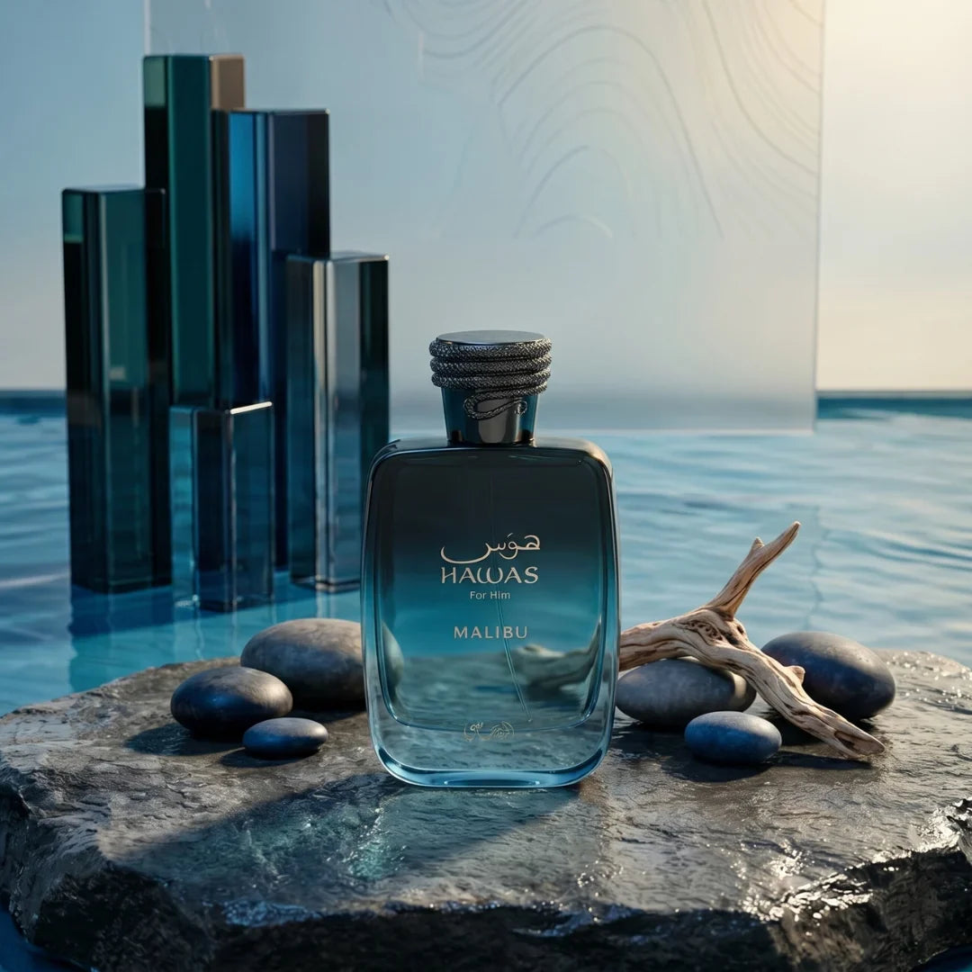 Rasasі Hawas Malibu Eau De Parfum spray bottle, 100ml, with sleek packaging and floral, citrus fragrance details visible.