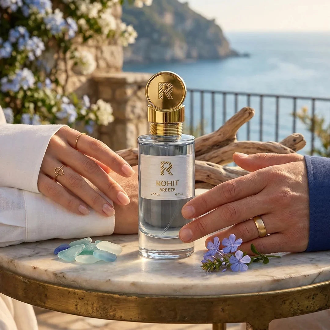 Bharara Rohit Breeze Eau de Parfum spray 75ml bottle with elegant packaging and floral design elements.