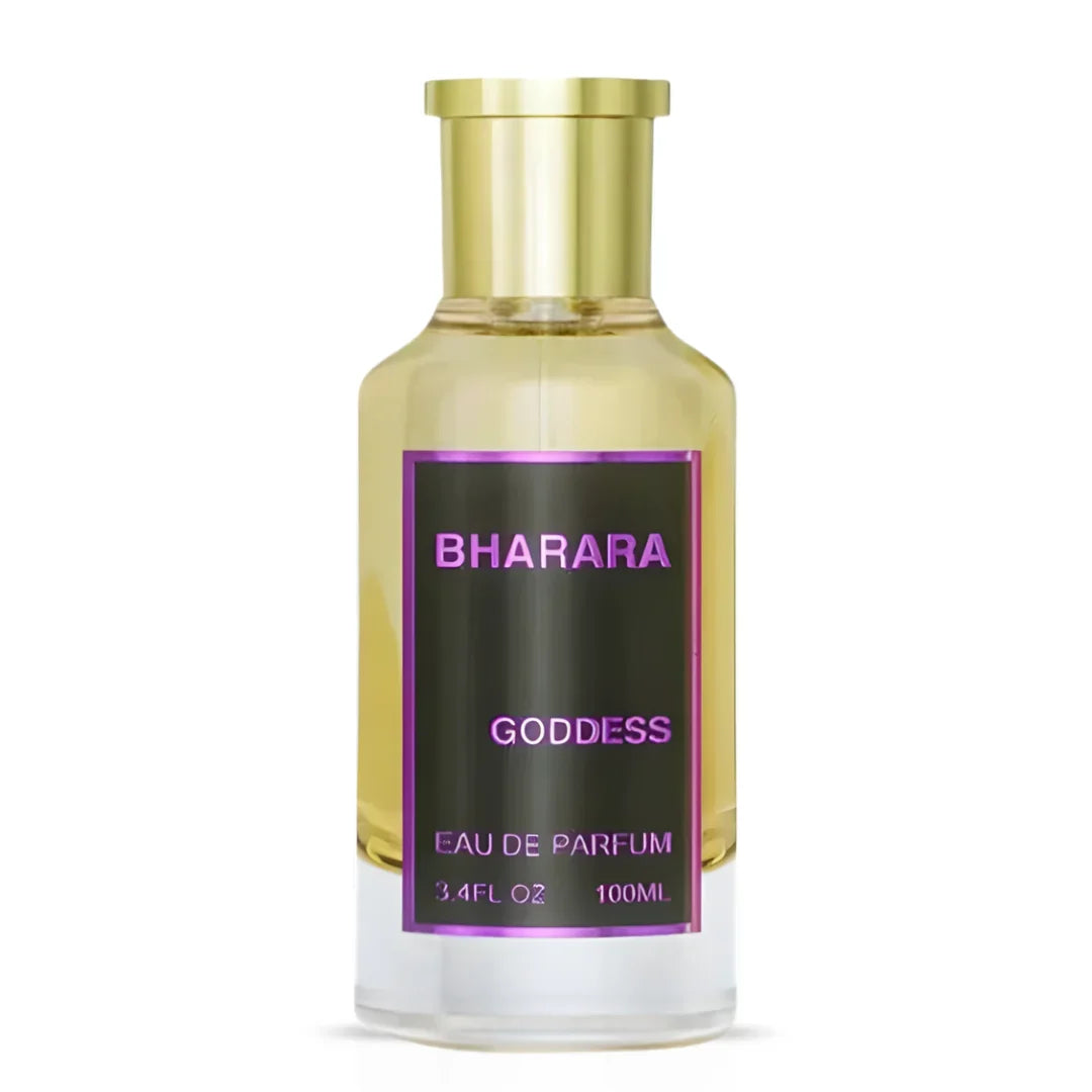 Bharara Goddess Eau de Parfum spray 100ml bottle, elegant design, showcasing the BHARARA brand and floral fragrance theme.