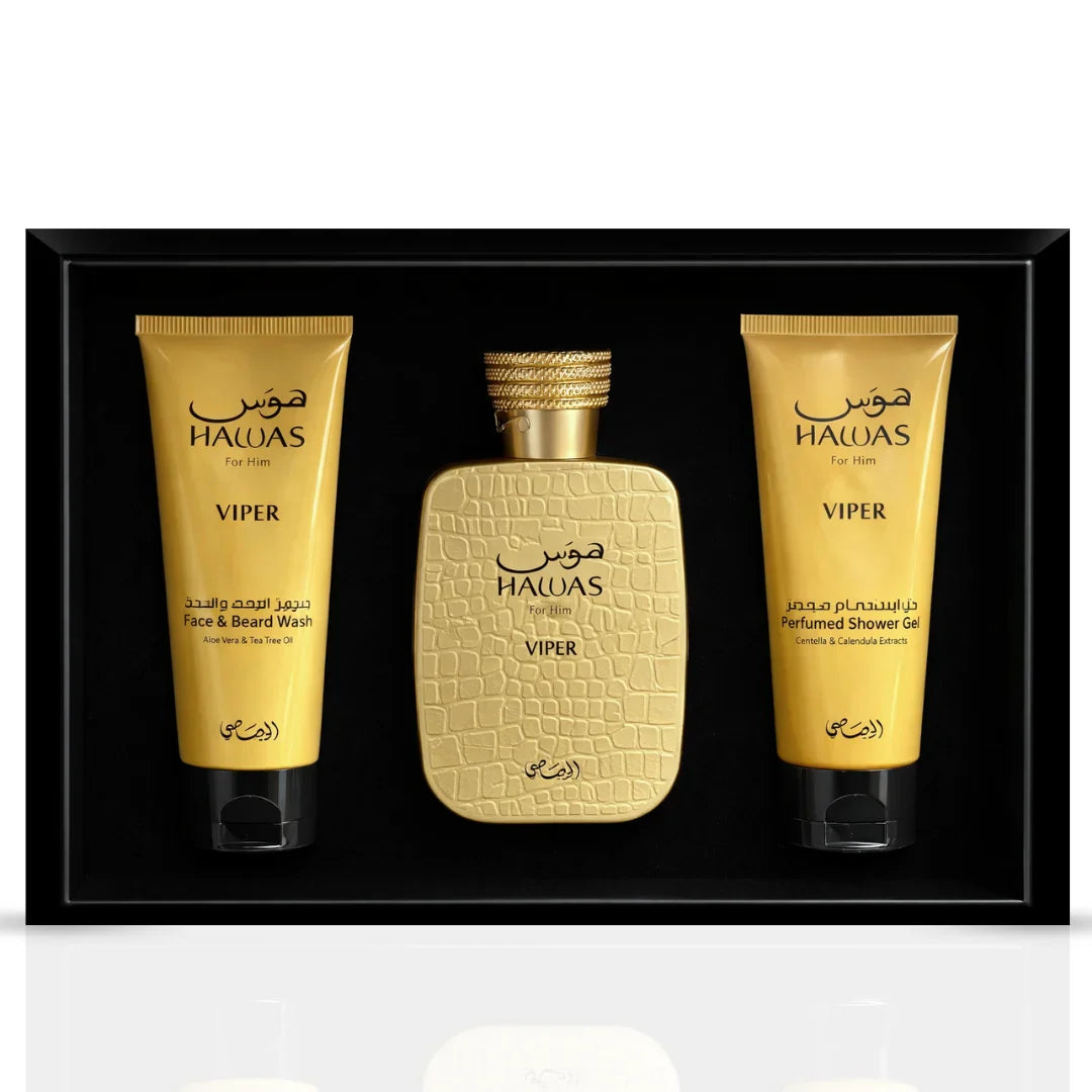 Hawas Viper 3-piece perfume gift set by Rasasi featuring bottles and packaging for a luxurious fragrance collection.