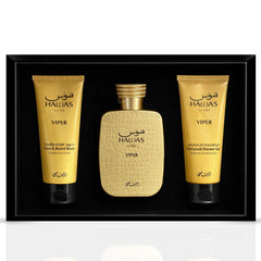 Hawas Viper 3-piece perfume gift set by Rasasi featuring bottles and packaging for a luxurious fragrance collection.