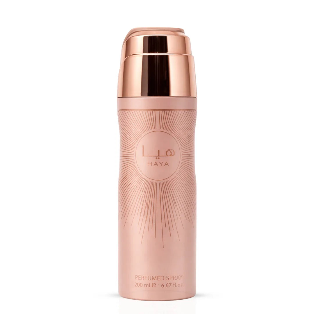 Lattafa Haya Body Spray 200ml deodorant bottle with a sleek design, showcasing the Lattafa branding on the label.